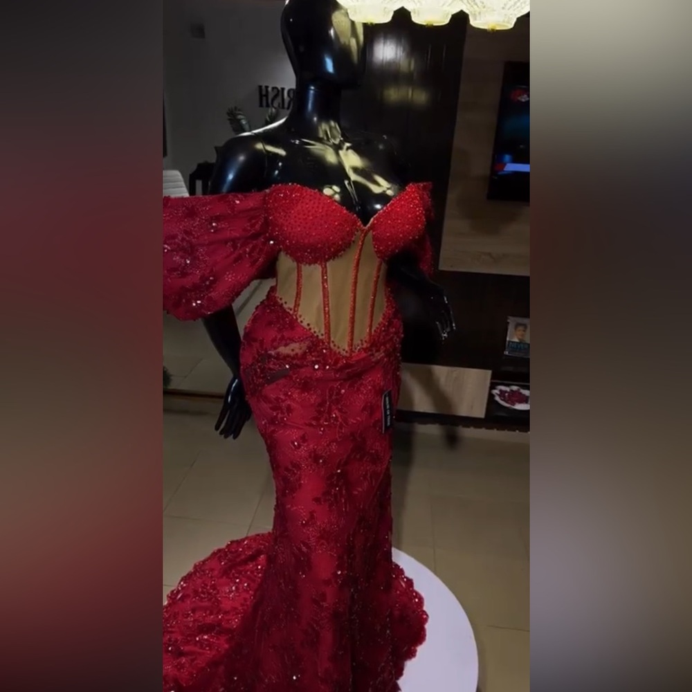 Red Lace evening dress with corset and built in bra. Red formal dress